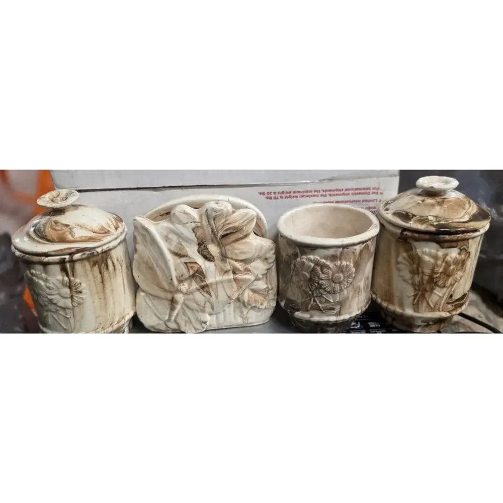 Vintage Ceramic Kitchen Accessory Set Daisy Floral Marbled Glaze 1970s